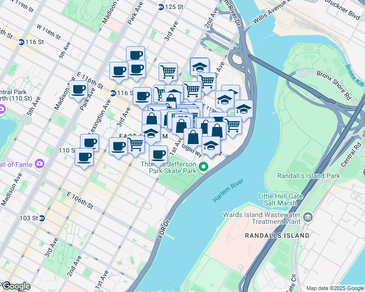 map of restaurants, bars, coffee shops, grocery stores, and more near in New York