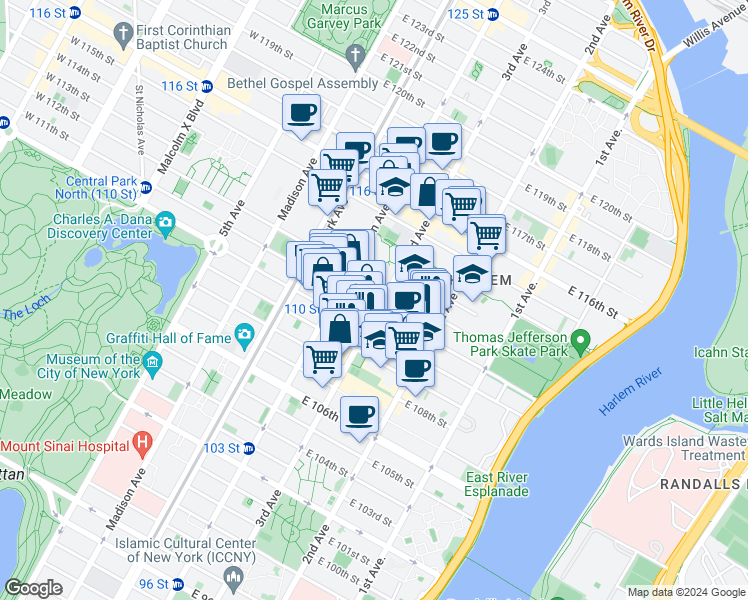 map of restaurants, bars, coffee shops, grocery stores, and more near 174 East 112th Street in New York