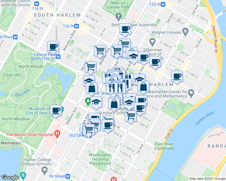 map of restaurants, bars, coffee shops, grocery stores, and more near 1799 Lexington Avenue in New York