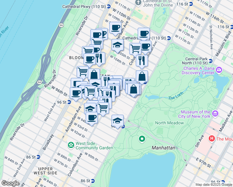 map of restaurants, bars, coffee shops, grocery stores, and more near 825 Columbus Avenue in New York