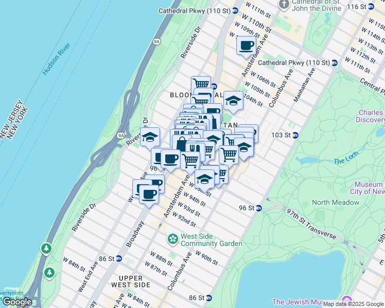map of restaurants, bars, coffee shops, grocery stores, and more near 780 Amsterdam Avenue in New York