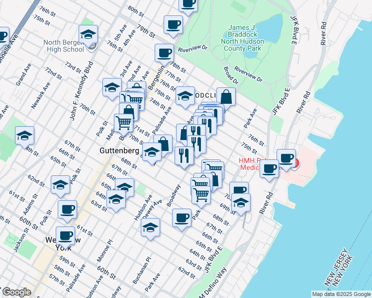 map of restaurants, bars, coffee shops, grocery stores, and more near 226 72nd Street in North Bergen