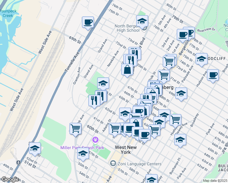 map of restaurants, bars, coffee shops, grocery stores, and more near 6513 Bergenwood Avenue in North Bergen
