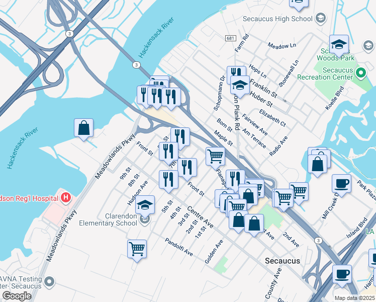 map of restaurants, bars, coffee shops, grocery stores, and more near 856 7th Street in Secaucus