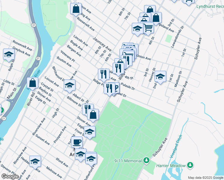 map of restaurants, bars, coffee shops, grocery stores, and more near 475 Ridge Road in North Arlington