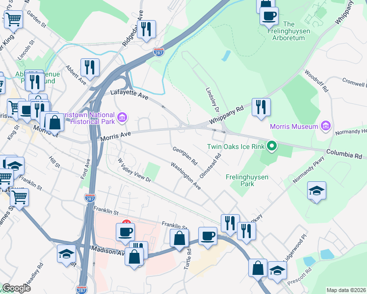 map of restaurants, bars, coffee shops, grocery stores, and more near 34 Rosemilt Place in Morristown