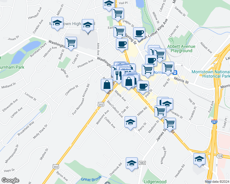 map of restaurants, bars, coffee shops, grocery stores, and more near 41 Market Street in Morristown