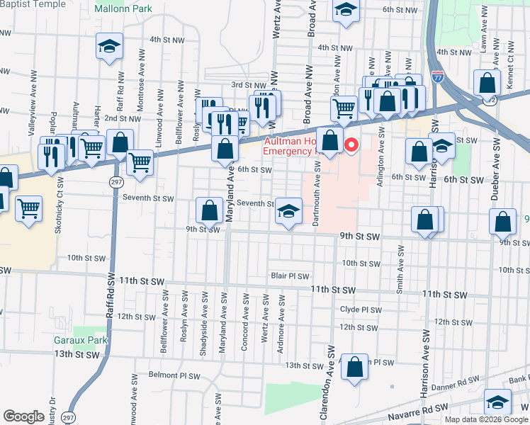 map of restaurants, bars, coffee shops, grocery stores, and more near 644 Ingram Avenue Southwest in Canton