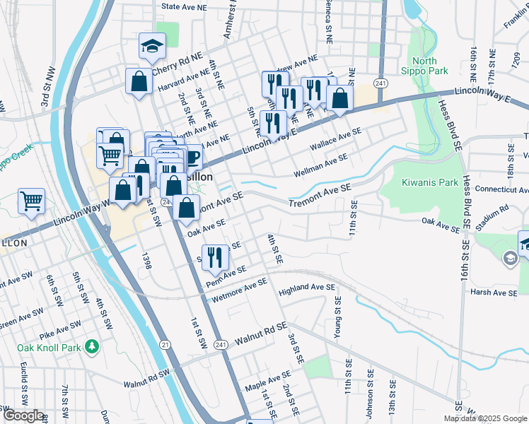 map of restaurants, bars, coffee shops, grocery stores, and more near 226 3rd Street Southeast in Massillon