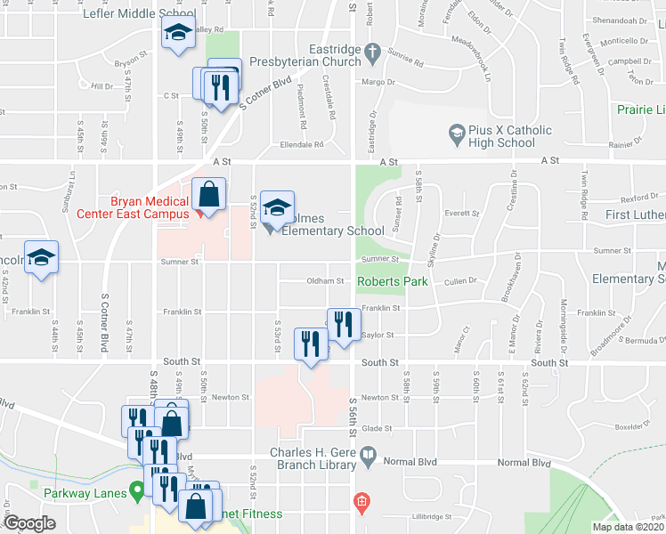 map of restaurants, bars, coffee shops, grocery stores, and more near 5510 Sumner Street in Lincoln