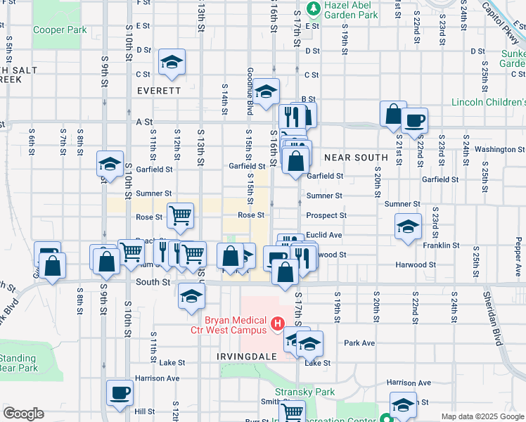 map of restaurants, bars, coffee shops, grocery stores, and more near 1732 South 15th Street in Lincoln