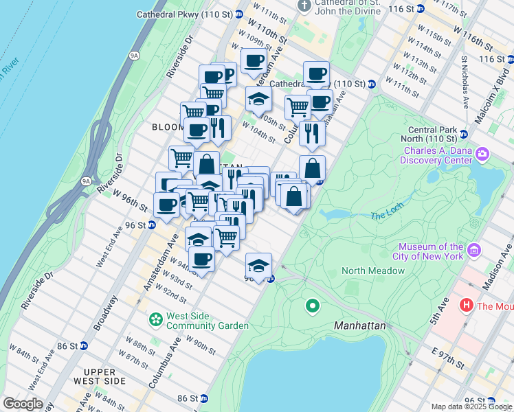 map of restaurants, bars, coffee shops, grocery stores, and more near 805 Columbus Avenue in New York