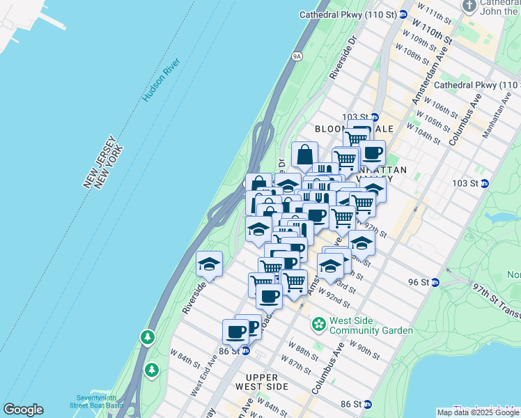map of restaurants, bars, coffee shops, grocery stores, and more near 336 West 95th Street in New York