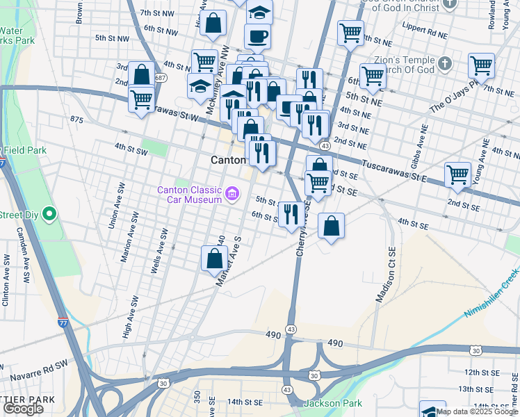 map of restaurants, bars, coffee shops, grocery stores, and more near 500 Market Avenue South in Canton