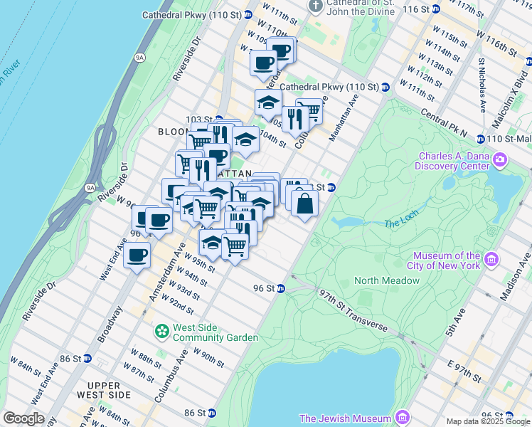 map of restaurants, bars, coffee shops, grocery stores, and more near 805 Columbus Avenue in New York
