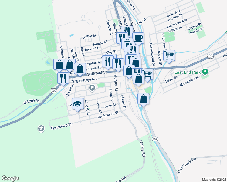 map of restaurants, bars, coffee shops, grocery stores, and more near 70 Hunter Street in Tamaqua