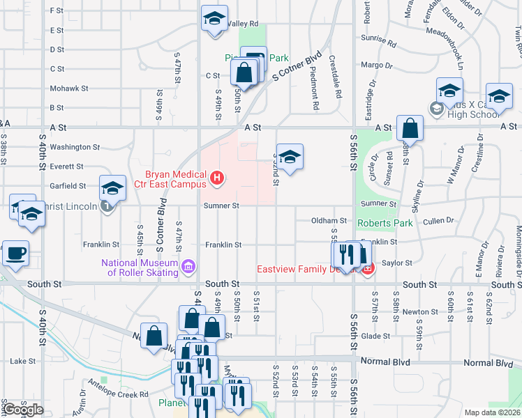 map of restaurants, bars, coffee shops, grocery stores, and more near 5101 Sumner Street in Lincoln