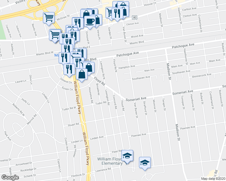 map of restaurants, bars, coffee shops, grocery stores, and more near Floyd Road in Shirley