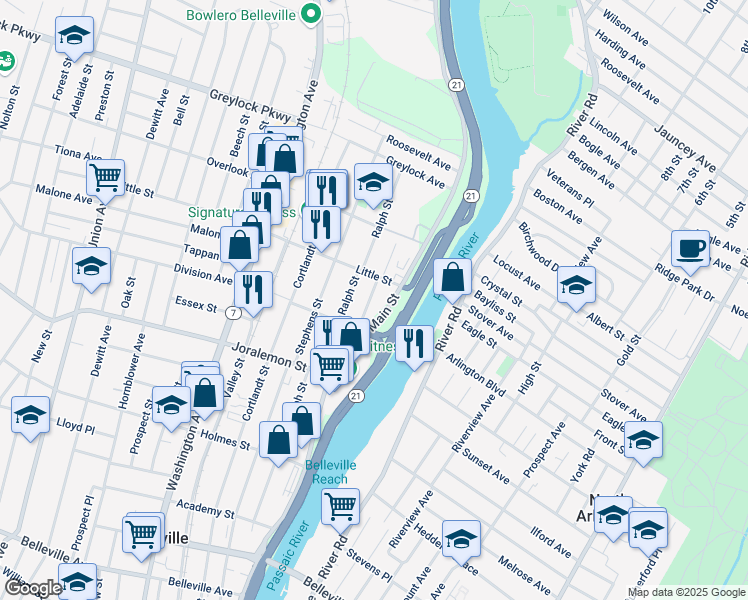 map of restaurants, bars, coffee shops, grocery stores, and more near 10 Davidson Street in Belleville