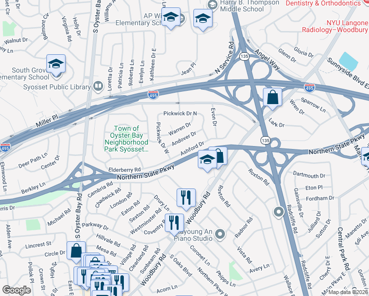 map of restaurants, bars, coffee shops, grocery stores, and more near 79 Ashford Drive in Syosset