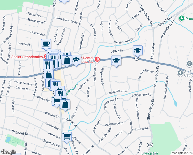 map of restaurants, bars, coffee shops, grocery stores, and more near 16 Ridgewood Drive in Livingston