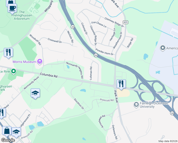 map of restaurants, bars, coffee shops, grocery stores, and more near 9 Lohman Road in Morristown
