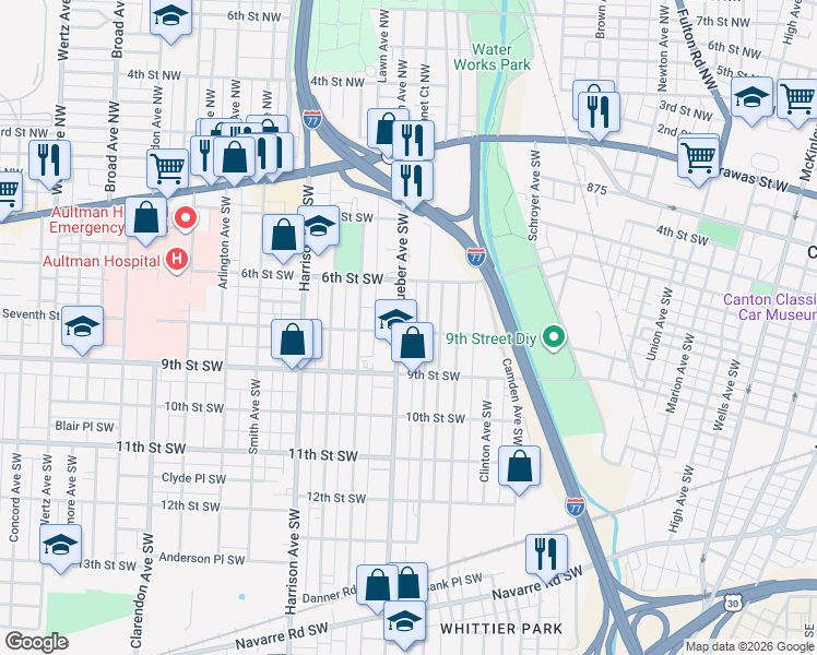map of restaurants, bars, coffee shops, grocery stores, and more near 645 Dueber Avenue Southwest in Canton