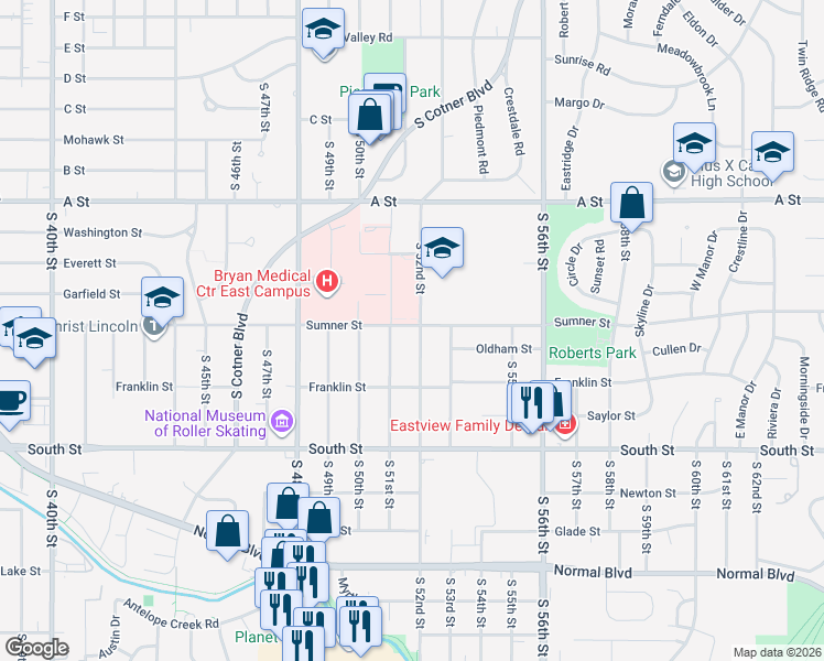 map of restaurants, bars, coffee shops, grocery stores, and more near 5101 Sumner Street in Lincoln
