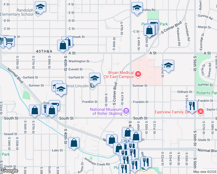 map of restaurants, bars, coffee shops, grocery stores, and more near 4500 Sumner Street in Lincoln