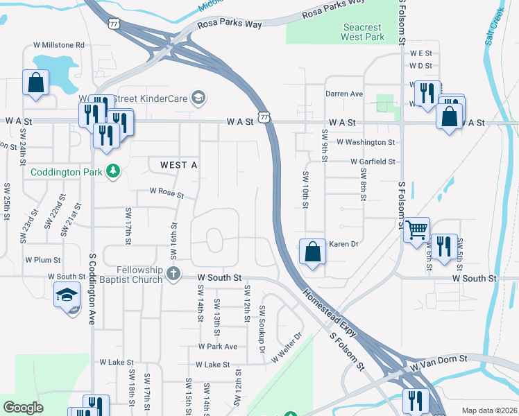 map of restaurants, bars, coffee shops, grocery stores, and more near 1805 Southwest 11th Street in Lincoln