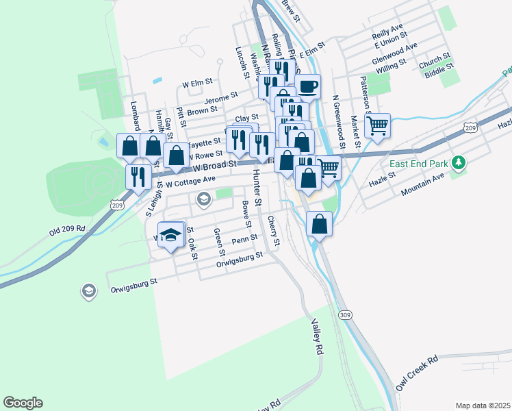 map of restaurants, bars, coffee shops, grocery stores, and more near 70 Hunter Street in Tamaqua