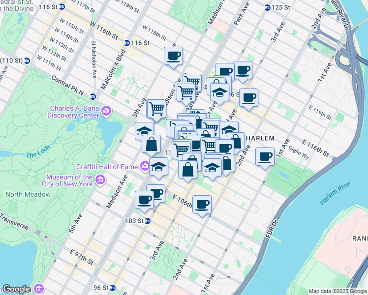map of restaurants, bars, coffee shops, grocery stores, and more near in New York