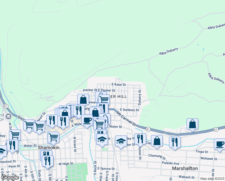 map of restaurants, bars, coffee shops, grocery stores, and more near Strawberry Alley in Shamokin