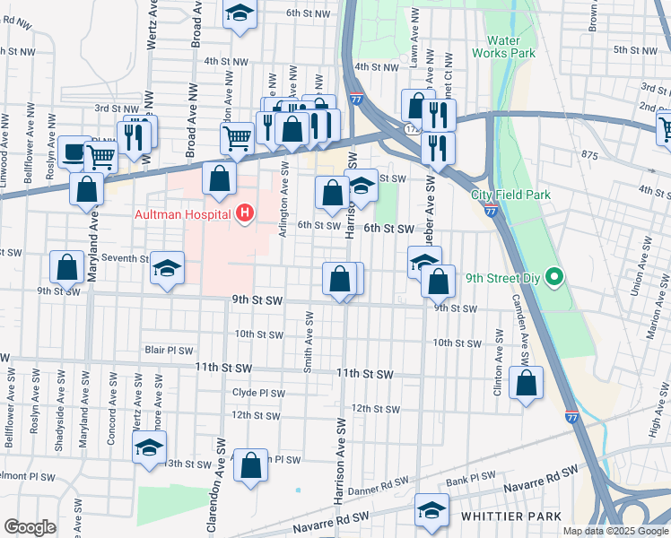 map of restaurants, bars, coffee shops, grocery stores, and more near Seventh Street Southwest in Canton