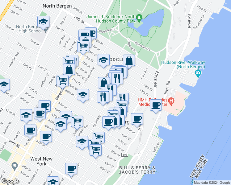 map of restaurants, bars, coffee shops, grocery stores, and more near 7222 Broadway in North Bergen