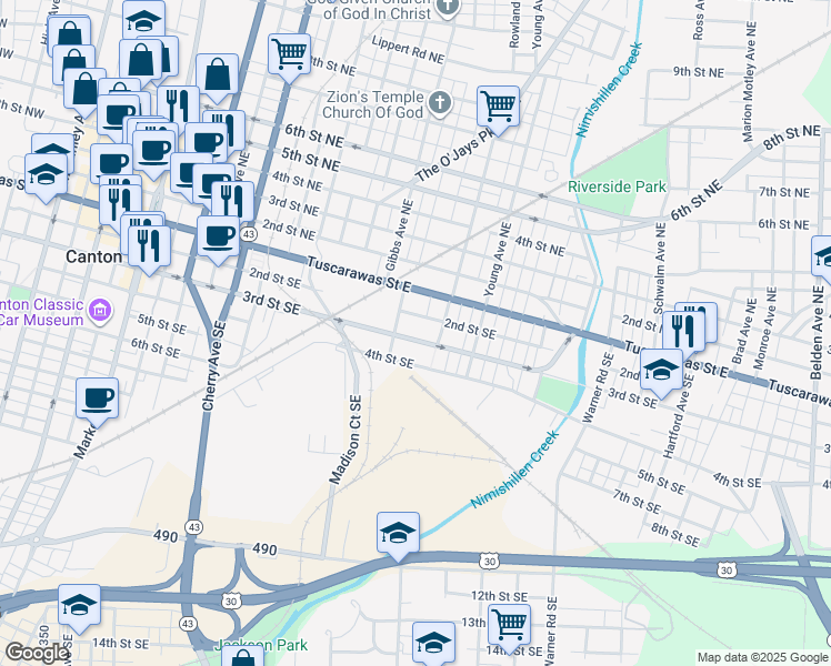 map of restaurants, bars, coffee shops, grocery stores, and more near 1218 2nd Street Southeast in Canton