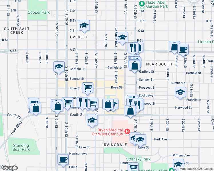 map of restaurants, bars, coffee shops, grocery stores, and more near 1412 Rose Street in Lincoln