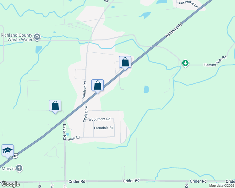 map of restaurants, bars, coffee shops, grocery stores, and more near 2040 Ashland Road in Mansfield