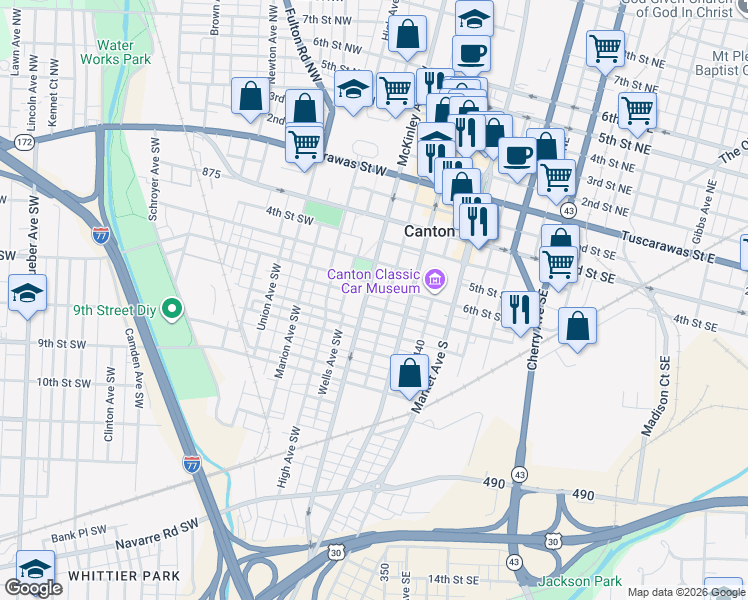 map of restaurants, bars, coffee shops, grocery stores, and more near 614 Mckinley Avenue Southwest in Canton