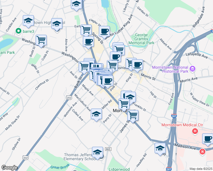 map of restaurants, bars, coffee shops, grocery stores, and more near 36 South Street in Morristown