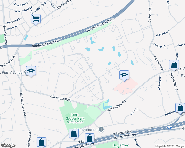 map of restaurants, bars, coffee shops, grocery stores, and more near 627 Madeira Boulevard in Melville