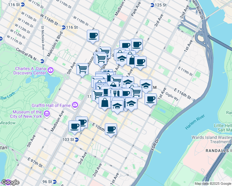 map of restaurants, bars, coffee shops, grocery stores, and more near 174 East 112th Street in New York