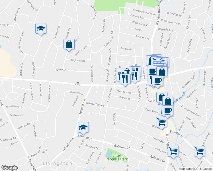 map of restaurants, bars, coffee shops, grocery stores, and more near 145 West Mount Pleasant Avenue in Livingston