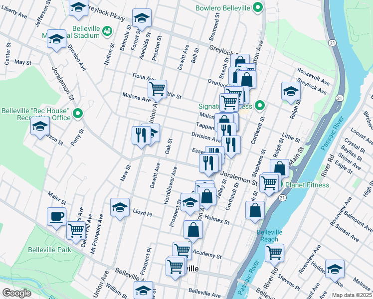 map of restaurants, bars, coffee shops, grocery stores, and more near 31 Linden Avenue in Belleville