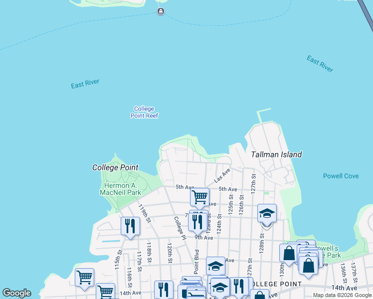 map of restaurants, bars, coffee shops, grocery stores, and more near 12009 Riviera Court in Queens