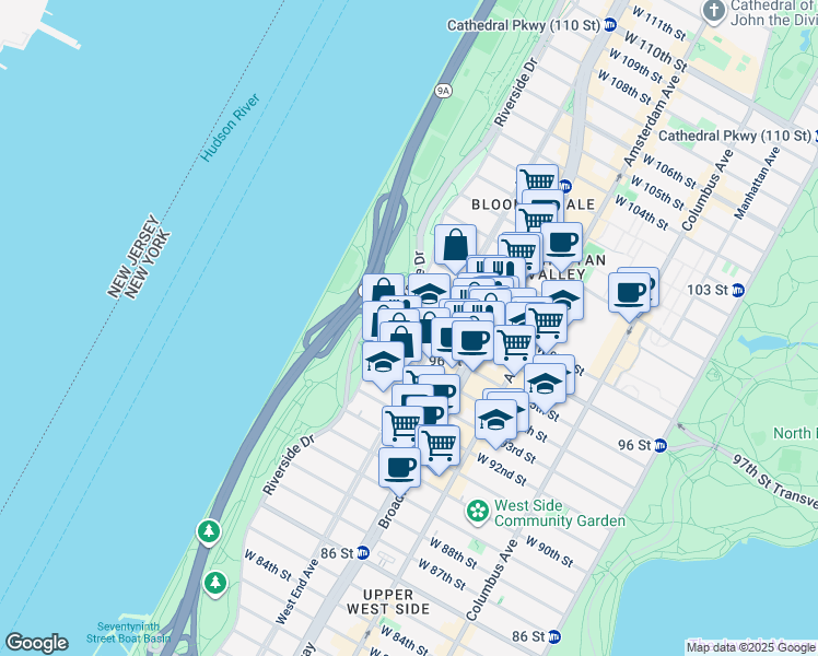 map of restaurants, bars, coffee shops, grocery stores, and more near 311 West 95th Street in New York