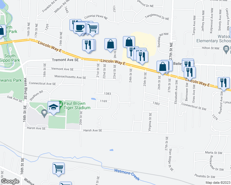 map of restaurants, bars, coffee shops, grocery stores, and more near 2318 Rhode Island Avenue Southeast in Massillon