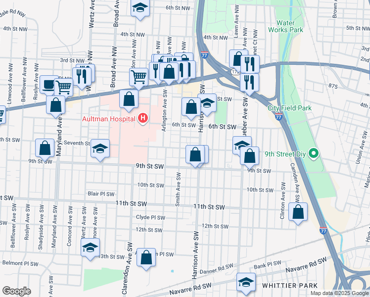 map of restaurants, bars, coffee shops, grocery stores, and more near Seventh Street Southwest in Canton