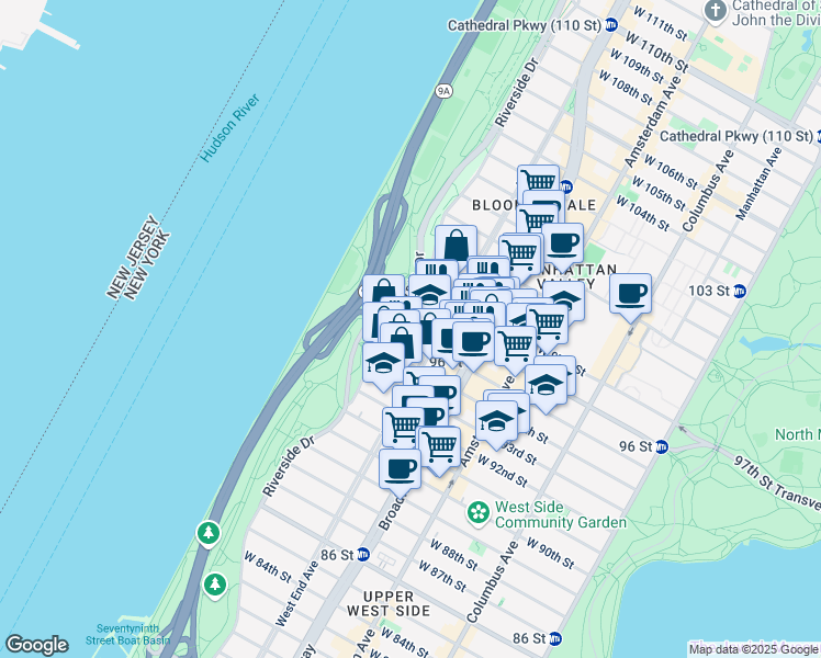 map of restaurants, bars, coffee shops, grocery stores, and more near 315 West 96th Street in New York