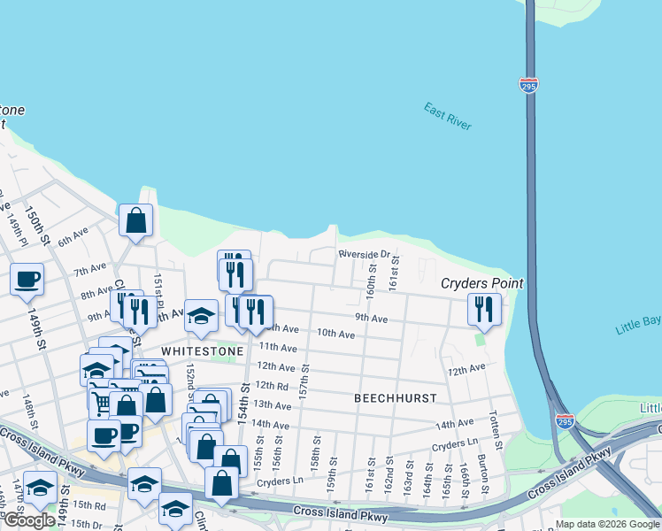 map of restaurants, bars, coffee shops, grocery stores, and more near 158-02 Riverside Drive in Queens